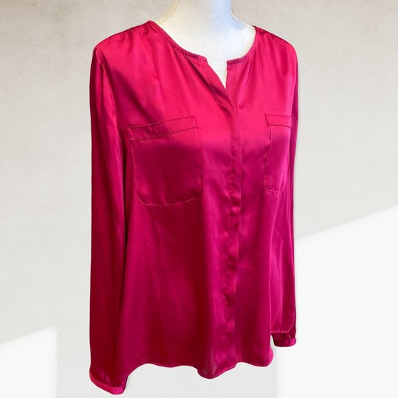 Liz Claiborne Tops - Liz Claiborne Silky Satin Fuchsia Pink Button Down Long Sleeve Blouse Size Large